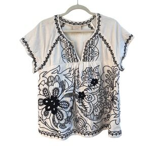 Vanessa Virginia Anthropologie Blouse 12 Cream Black Embroidered Eyelet Linen